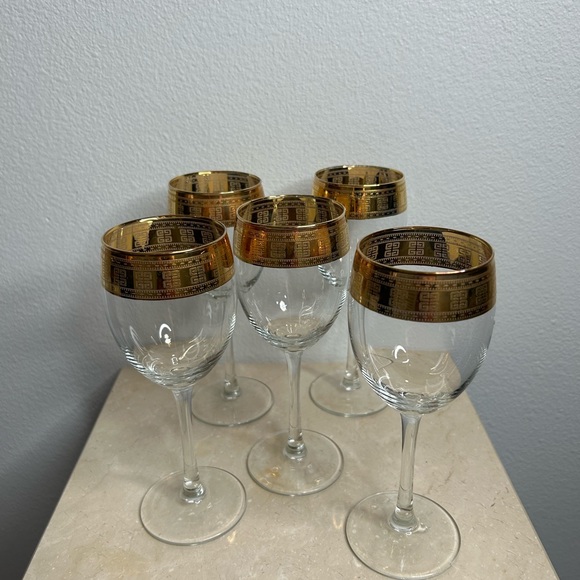 5 Gold Rimmed Greek Key Patterned Italian Lavarato a Mano J Preziosi Glasses - Picture 3 of 12